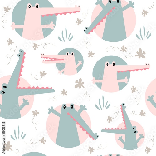 Seamless childish pattern with cute green and pink crocodiles