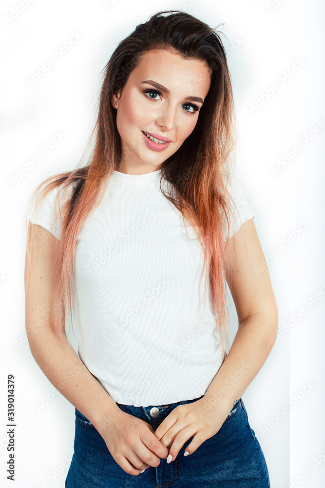 young pretty teenage hipster girl posing emotional happy smiling on white background, lifestyle people concept young pretty teenage hipster girl posing emotional happy smiling on white background, lifestyle people concept