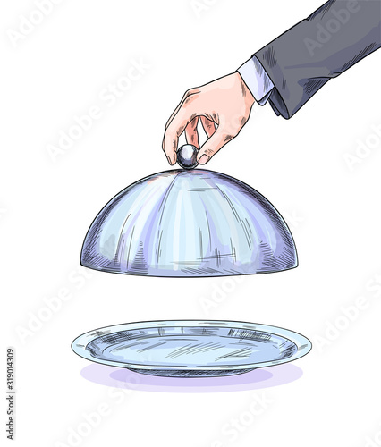 Waiters hand holds a lid of the serving tray,