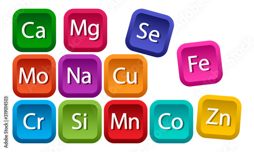 Mineral complex for health. Calcium, magnesium, zinc, iron, manganese, cobalt, copper, potassium, molybdenite, chromium, silicon, selenium. Colorful square buttons. Vector illustration