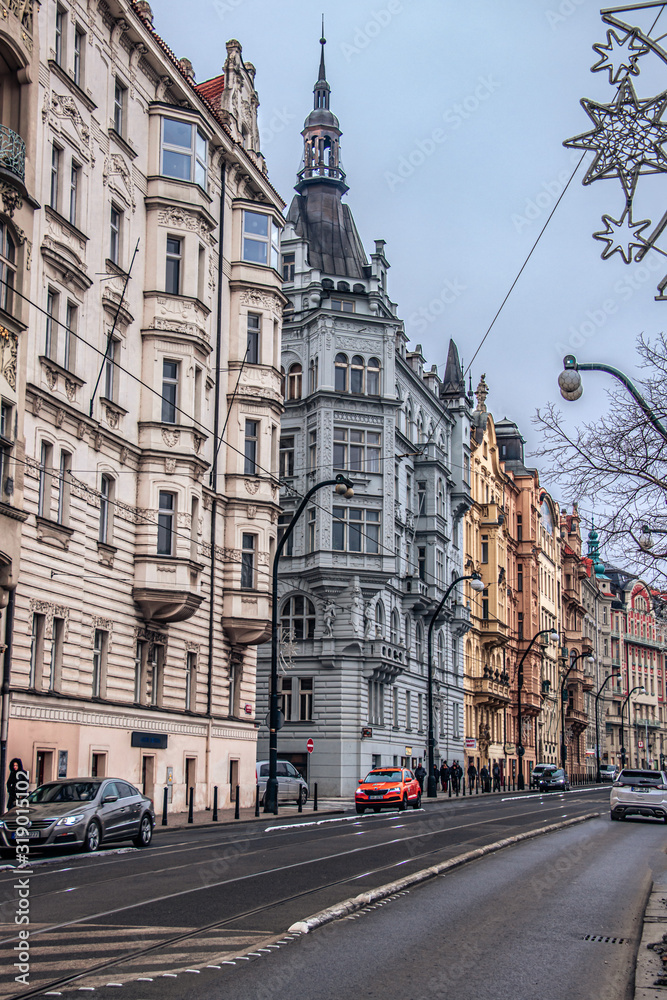 Obraz premium Road with residential buildings in Prague city