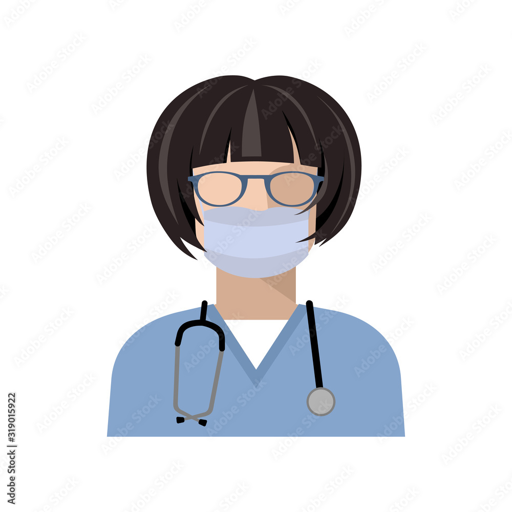 Fototapeta premium Vector icon doctor. Image of female doctor, with a stethoscope, in medical uniform and gauze protective bandage on her face. Isolated color illustration, avatar of the doctor. Vector illustration
