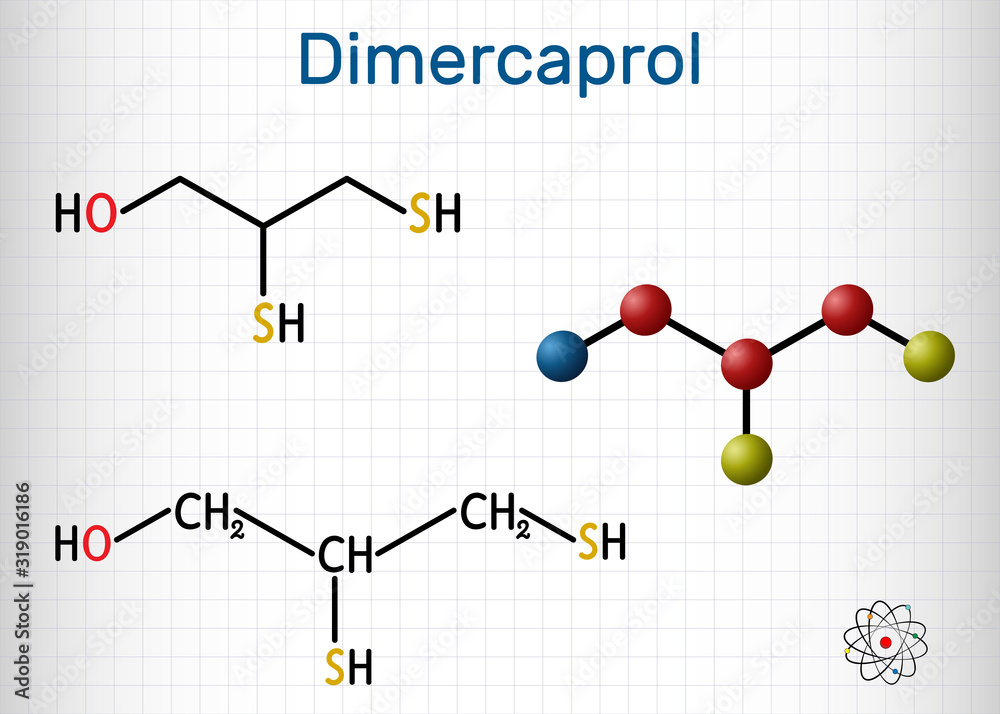 Dimercaprol, BAL, British anti-Lewisite, C3H8OS2, molecule. It is chelating agent, antidote against poison gas lewisite. Structural chemical formula and molecule model. Sheet of paper in a cage Dimercaprol, BAL, British anti-Lewisite, C3H8OS2, molecule. It is chelating agent, antidote against poison gas lewisite. Structural chemical formula and molecule model. Sheet of paper in a cage
