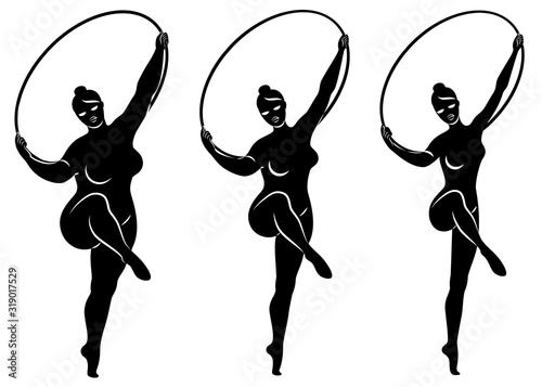 Collection. Silhouette of a cute lady, she is engaged in rhythmic gymnastics with a hoop. The woman is overweight and a slender girl athlete. Vector illustration set