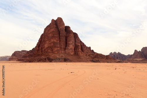 Mountain Seven Pillars of Wisdom at desert Wadi Rum, Jordan