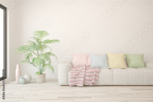 Neutral room in white color with sofa. Scandinavian interior design. 3D illustration
