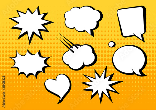 White blank comic speech bubbles on yellow background in pop art style. Vector illustration