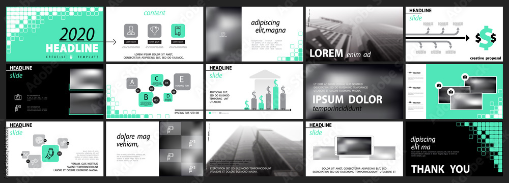Business presentation template, turquoise and black infographic elements on white background. Offices, buildings. Vector slide, presentation of business projects and marketing. Design squares pixels - obrazy, fototapety, plakaty 