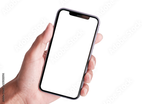 Studio shot of Hand holding Smartphone with blank screen for Infographic Global Business web site design app, - Clipping Path