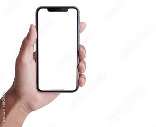 Studio shot of Hand holding Smartphone with blank screen for Infographic Global Business web site design app, - Clipping Path