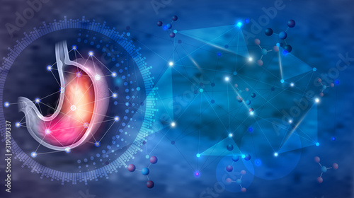 Stomach health and treatment concept on a  beautiful blue scientific background
