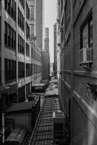 through the alleyways behind buildings