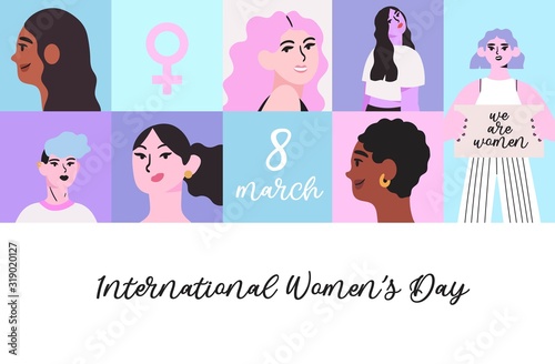 Vector illustration for international women's day or 8 of march that can be used for banner, post card, poster, social media greeting post, landing page. Portraits of different and diverse women.