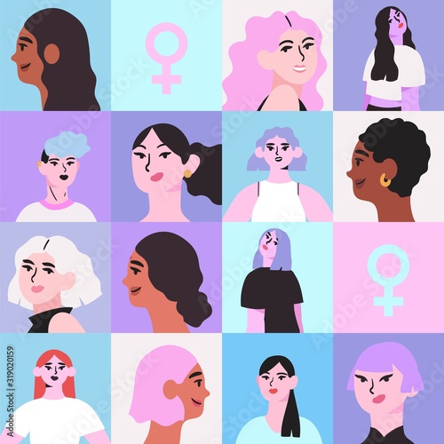 Creative seamless pattern with different women portraits. International womens day background with diverse multiethnic multicultural female characters from different countries and venus symbol.