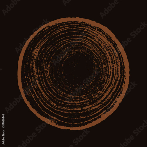 Monotone orange brown wood texture stamp. Detailed tree ring design. Rough organic tree rings with close up of end grain.