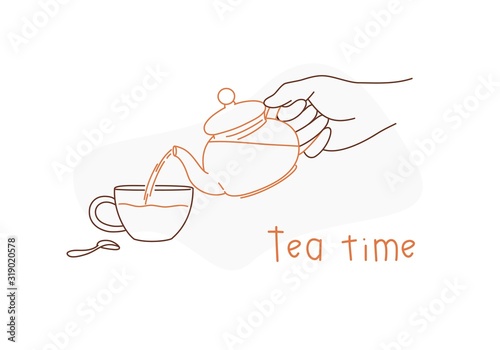 Hand holding teapot pouring tea in cup. Tea time card. Line drawing vector illustration.