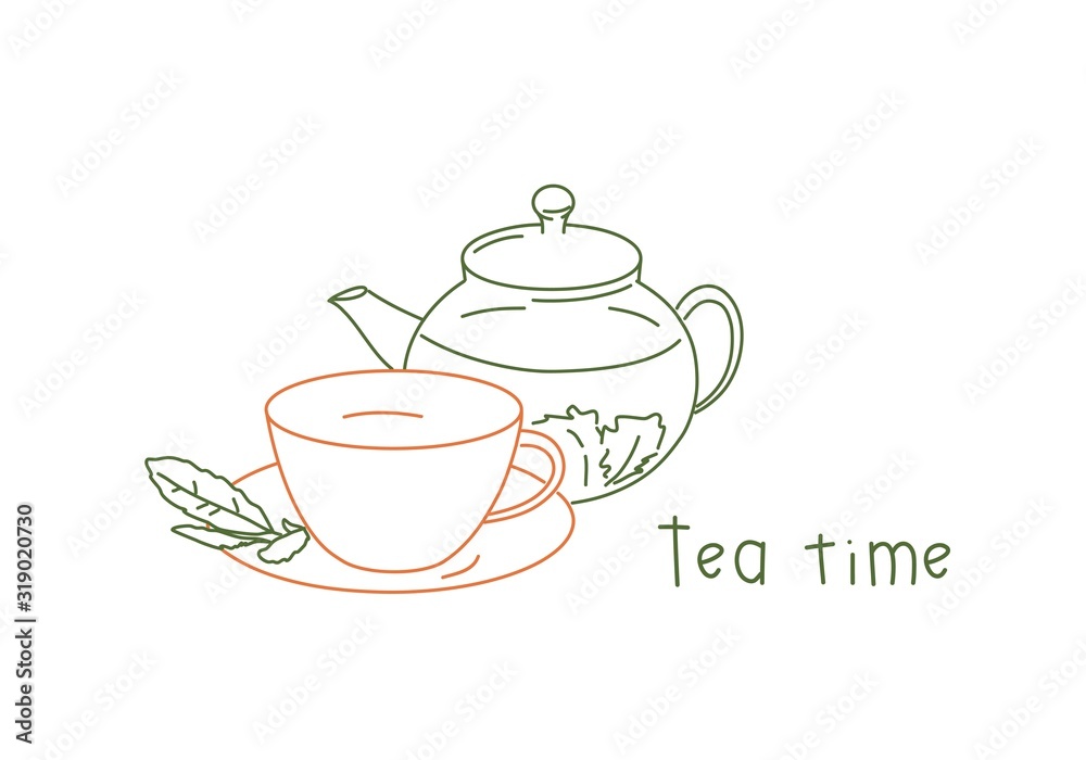 Line drawing vector illustration of cup and saucer with teapot. Tea time card. Line drawing vector illustration of cup and saucer with teapot. Tea time card.