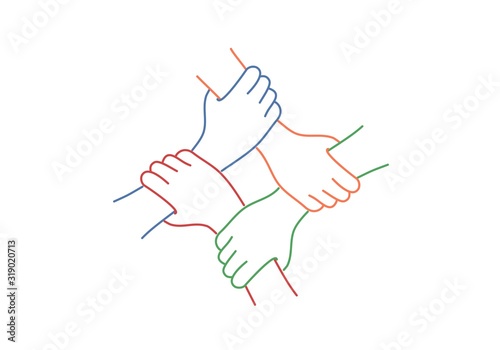 Teamwork. Four United Hands. Line drawing vector illustration.
