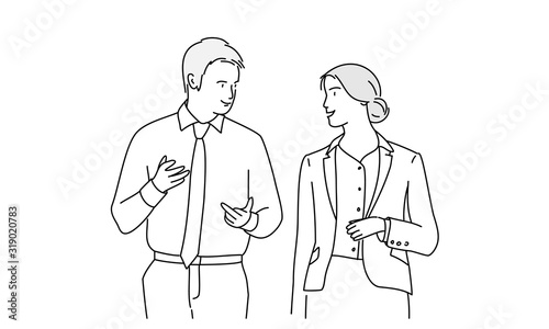 Business people are talking. Man and woman. Line drawing vector illustration.
