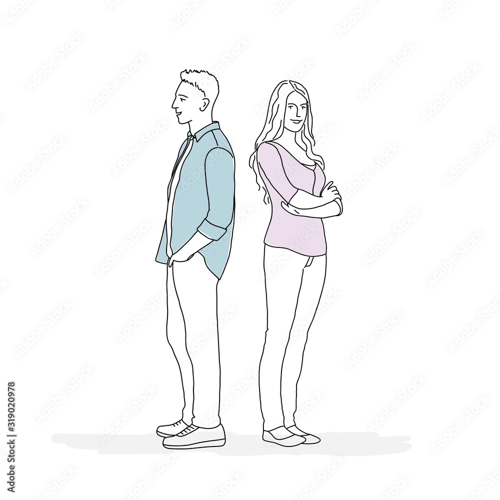 Sketch man and woman stand with their backs to each other. Hand drown vector illustration.