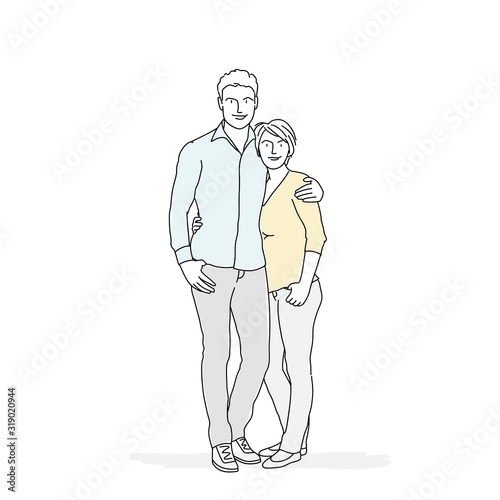 Hand drown vector illustration of happy couple stand hugging each other.