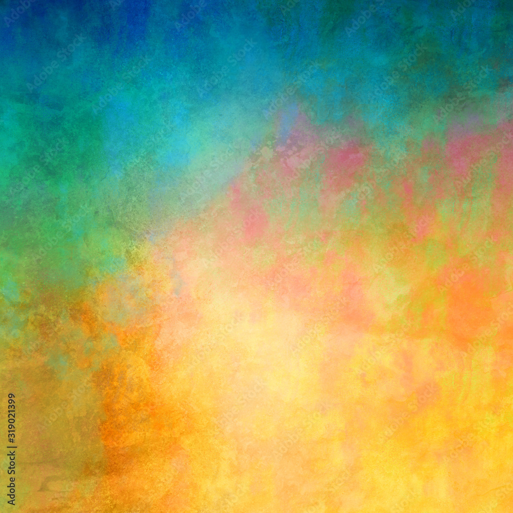 Colorful background in blue green orange yellow gold and red with mottled grunge texture in abstract background illustration design in impressionistic style painting, vibrant bold and bright colors