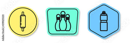 Set line Rolling pin, Bowling pin and Fitness shaker. Colored shapes. Vector