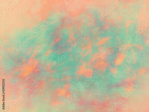 Pretty orange pink and blue green colors painted in abstract watercolor illustration with cloudy blotches or color splashes in pastel background design, abstract sunset in the sky
