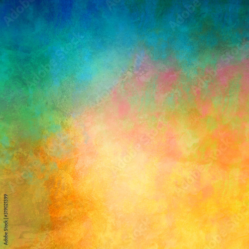 Colorful background in blue green orange yellow gold and red with mottled grunge texture in abstract background illustration design in impressionistic style painting, vibrant bold and bright colors