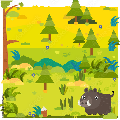 cartoon forest scene with wild animal illustration for children