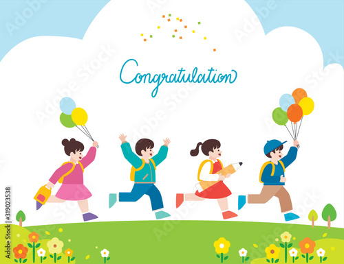 Back to school concept. A scene of kindergarten or elementary school students running happily in a flower field with balloons. Flat cartoon vector graphic illustration