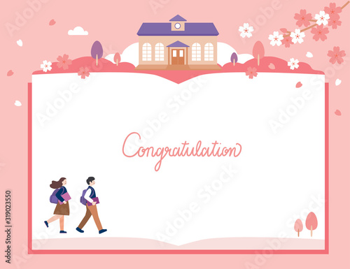 Back to school concept. An empty book frame decorated with campus views of cherry blossoms. Two students in school uniforms are walking to school. Flat cartoon vector graphic illustration