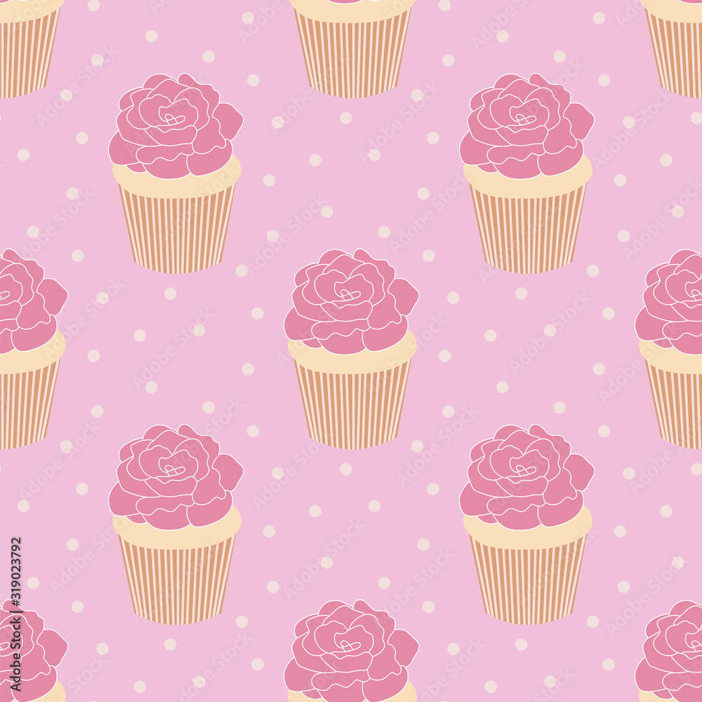 Seamless pattern of cupcakes with roses on top on a cute polka dot pink background. Seamless pattern of cupcakes with roses on top on a cute polka dot pink background.