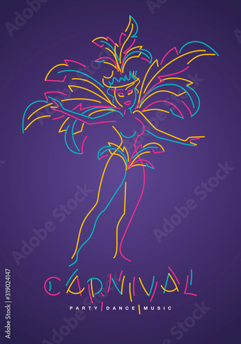 Carnival Brazil handwritten typography colorful logo party girl samba dancer music carnival elements isolated purple background