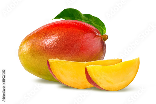 Juicy mango isolated on white. Perfect ripe mango with slices close-up.