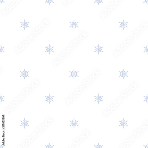 Subtle geometric snowflakes seamless pattern. Minimalist vector Christmas texture with small blue snow flakes on white backdrop. Winter holidays background. Repeat design for decor, wallpaper, website