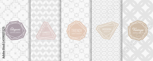 Subtle vector seamless pattern collection. Set of elegant geometric background swatches with modern minimal labels. Simple abstract vintage textures with mesh, net, floral motif. Light pastel design