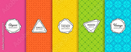 Vector seamless patterns collection. Set of colorful geometric background swatches with modern minimal labels. Cute ornamental textures with diamonds, stars, grid. Pink, orange, yellow, green, blue