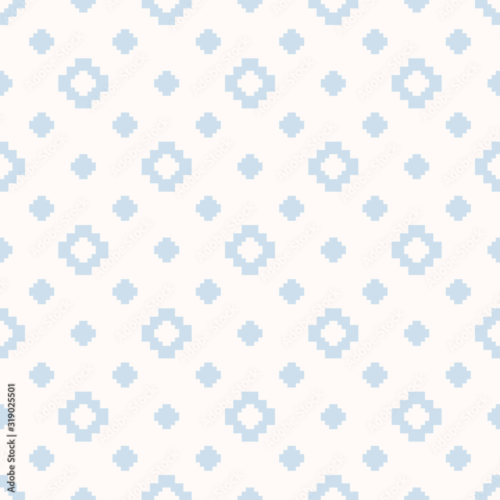 Vector minimalist floral geometric seamless pattern. Subtle repeat texture with small crosses, squares, flower silhouettes, snowflakes. Pixel art background. Ethnic folk motif. Winter holiday design Vector minimalist floral geometric seamless pattern. Subtle repeat texture with small crosses, squares, flower silhouettes, snowflakes. Pixel art background. Ethnic folk motif. Winter holiday design