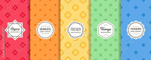 Vector colorful geometric seamless pattern collection. Set of cute minimalist background swatches with elegant labels. Abstract floral textures. Modern design. Red, orange, yellow, green, blue color