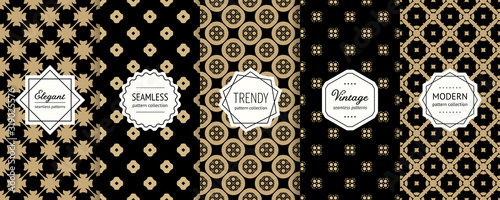 Golden ornamental seamless patterns collection. Vector set of geometric floral background swatches with elegant labels. Abstract oriental style textures. Black and gold luxury design. Flyer template