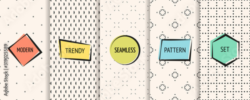 Minimalist pattern collection. Vector geometric seamless textures with small elements, dots. Set of black and white minimal abstract background swatches with modern colorful labels. Repeat design