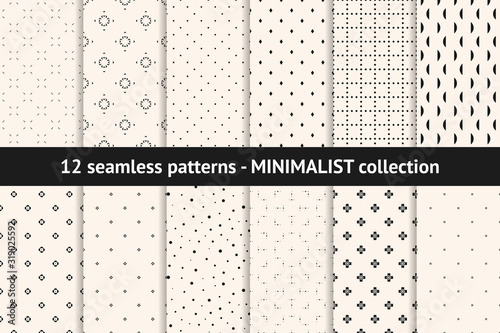 Set of minimalist seamless patterns. Vector geometric textures with small elements, dots, lines, flowers, diamonds. Collection of black and white minimal abstract background swatches. Modern design
