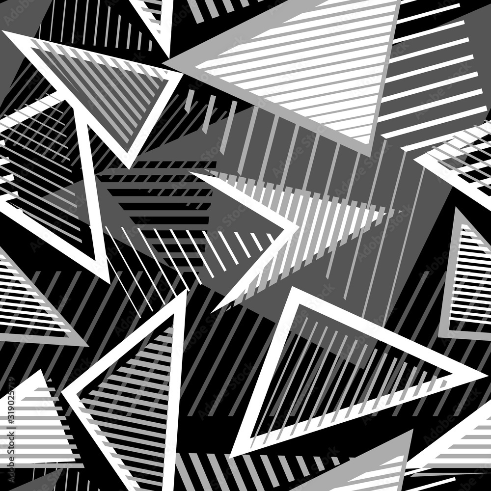 Abstract monochrome seamless pattern. Sport style texture with chaotic shapes, triangles, arrows, lines, stripes. Urban art vector background. Repeatable design for tileable print, decor, wallpapers Abstract monochrome seamless pattern. Sport style texture with chaotic shapes, triangles, arrows, lines, stripes. Urban art vector background. Repeatable design for tileable print, decor, wallpapers
