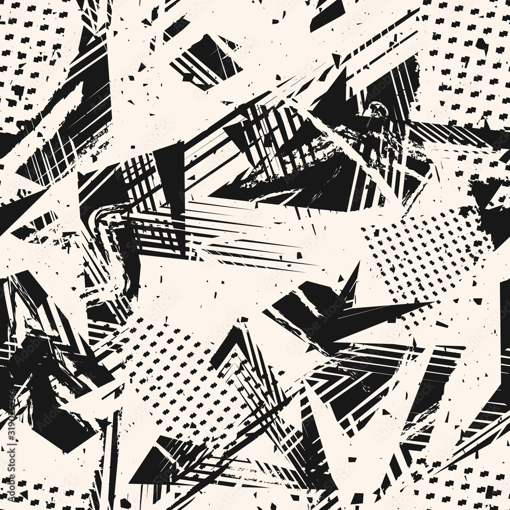 Abstract monochrome grunge seamless pattern. Urban art texture with paint splashes, chaotic shapes, lines, dots, triangles, patches. Black and white graffiti style vector background. Repeat design 