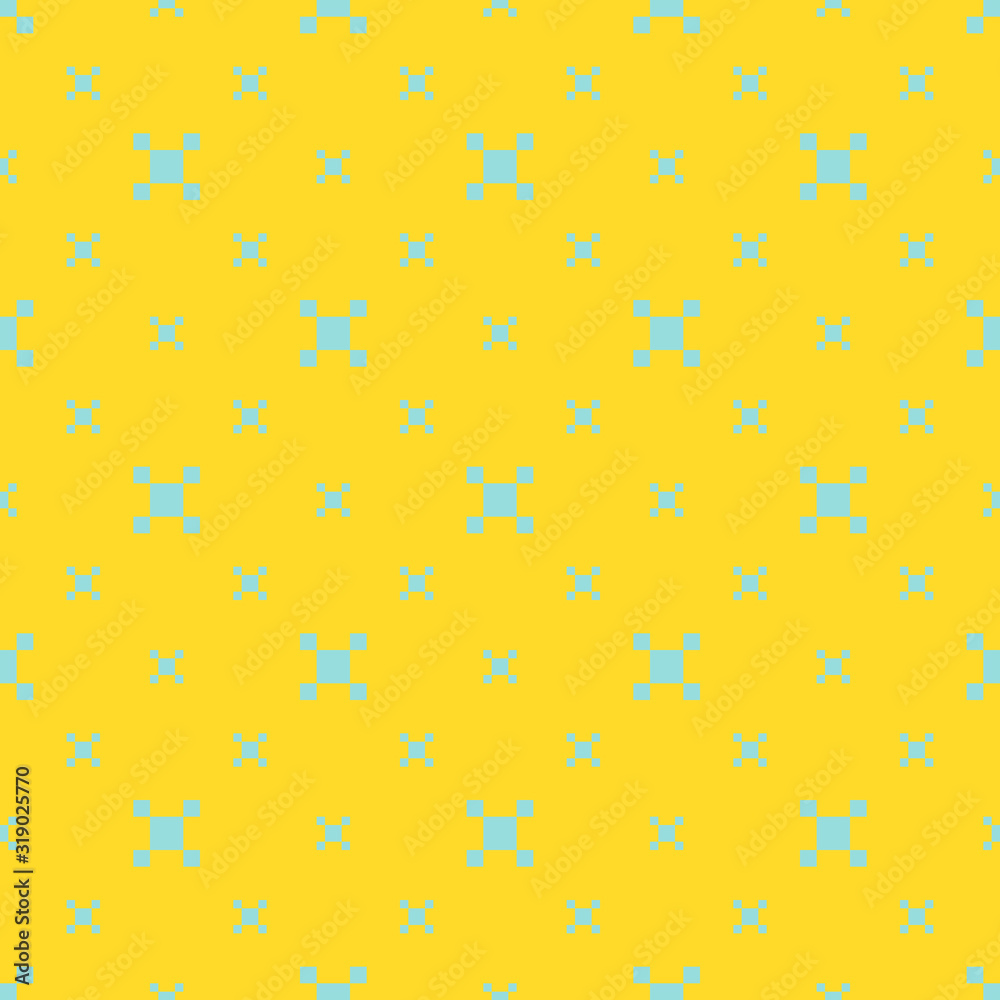 Vector colorful geometric seamless pattern. Simple abstract minimalist texture with small squares, tiny flowers. Vibrant colors, blue and yellow. Minimal funky background. Summer style repeat design