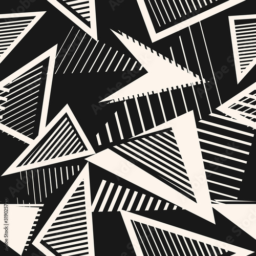 Abstract black and white seamless pattern. Sport style texture with chaotic shapes, triangles, arrows, lines, stripes. Monochrome urban art style vector background. Repeat design for tileable print