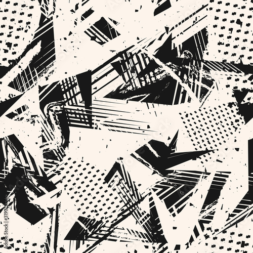 Abstract monochrome grunge seamless pattern. Urban art texture with paint splashes, chaotic shapes, lines, dots, triangles, patches. Black and white graffiti style vector background. Repeat design  photo