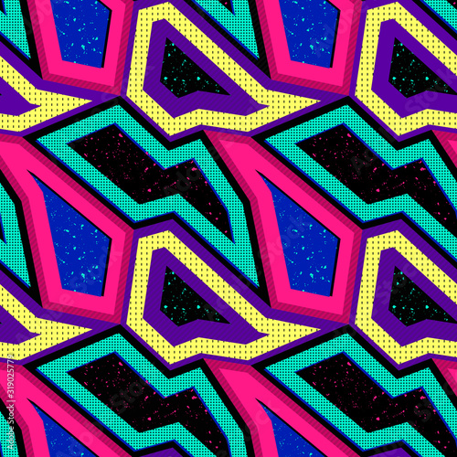 Vector abstract seamless pattern with geometric shapes, vibrant colorful elements. Retro vintage art print. Memphis style design, 80's - 90's fashion. Grunge urban texture. Trendy repeat background