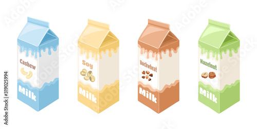 Vegan milk in carton box isolated on white background set. Vector illustration of plant-based drink in cartoon flat style. Organic Dairy Free cashew, hazelnut, soy and buckwheat milk.